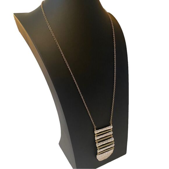 Hammered Silver & Gold Toned Drop Pendant Necklace on extra long chain. - Picture 3 of 8